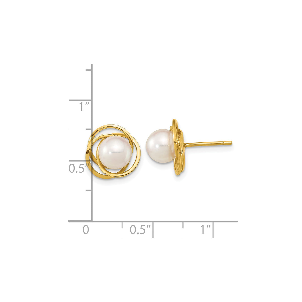 14k Yellow Gold Pearl Stud Earrings with Round White Akoya Pearls, Classic Swirl Design