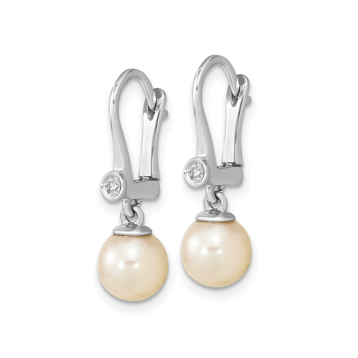 14k White Gold Dangle Earrings with Cultured Round Pearls and Diamond Accent