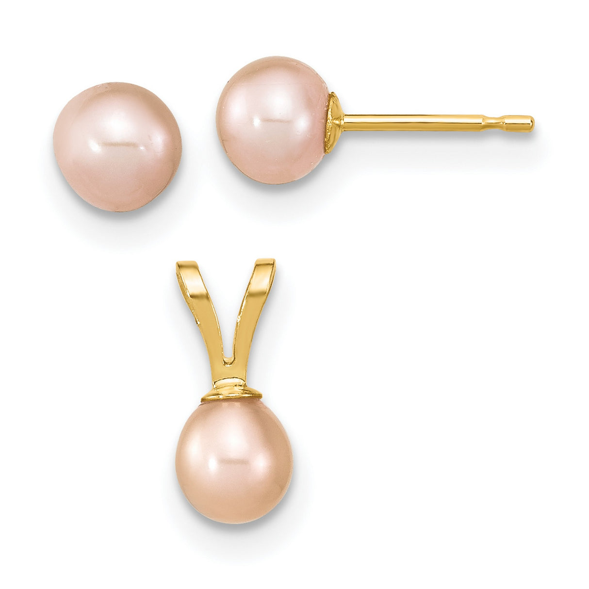 Childrens 4-5mm Rd Pink Freshwater Pearl Earring and Set Charm Pendant in Real 14k Yellow Gold