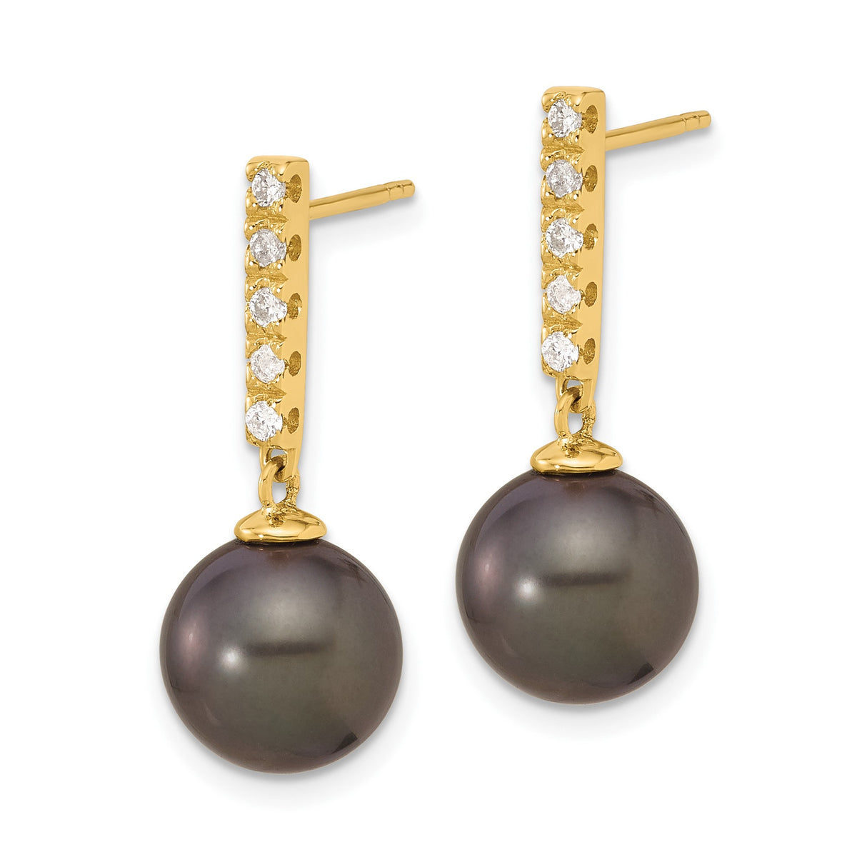 14k Yellow Gold Drop Earrings with Black Tahitian Pearls and White Diamonds, Vertical Bar Design