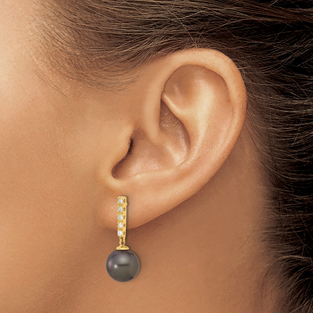 14k Yellow Gold Drop Earrings with Black Tahitian Pearls and White Diamonds, Vertical Bar Design