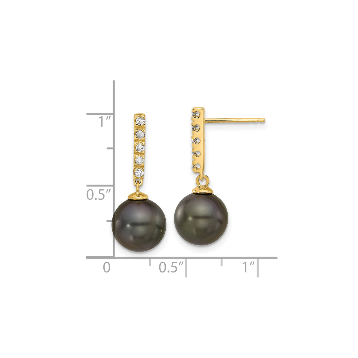 14k Yellow Gold Drop Earrings with Black Tahitian Pearls and White Diamonds, Vertical Bar Design