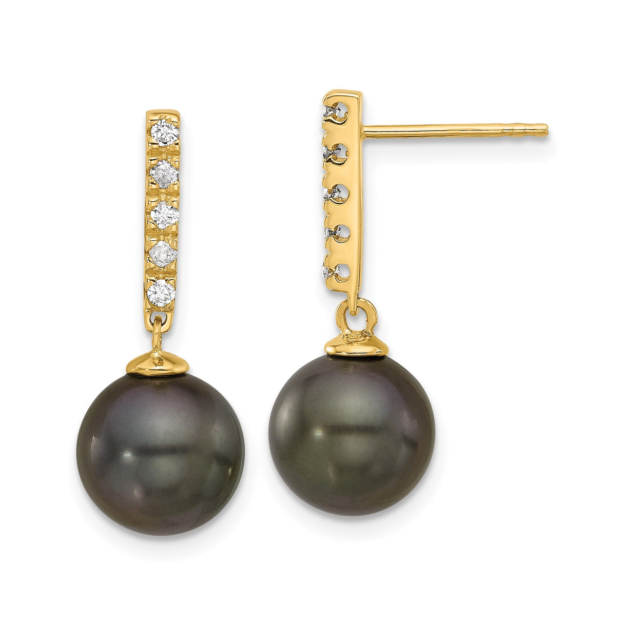 14k Yellow Gold Drop Earrings with Black Tahitian Pearls and White Diamonds, Vertical Bar Design