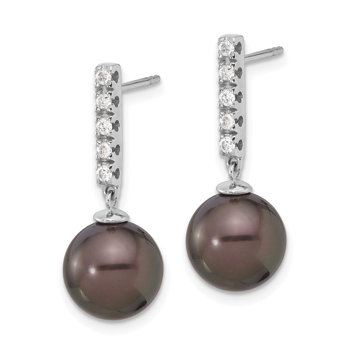 14k White Gold Dangle Earrings with Black Pearls and Diamonds, Elegant Drop Style for Women