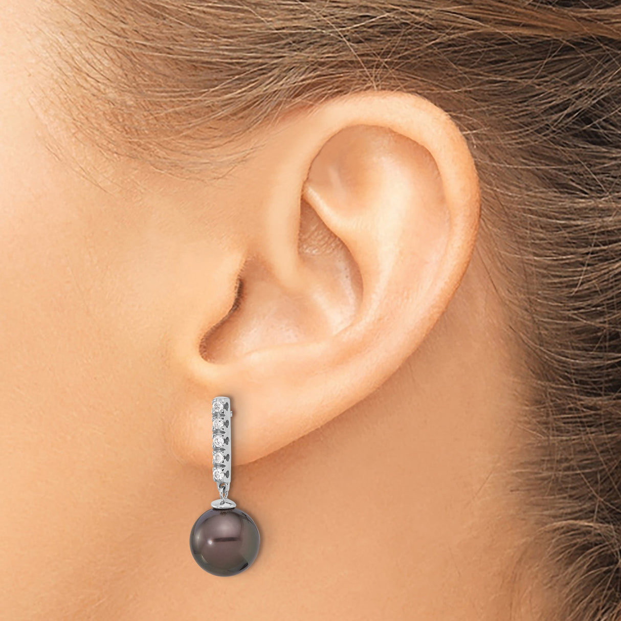 14k White Gold Dangle Earrings with Black Pearls and Diamonds, Elegant Drop Style for Women