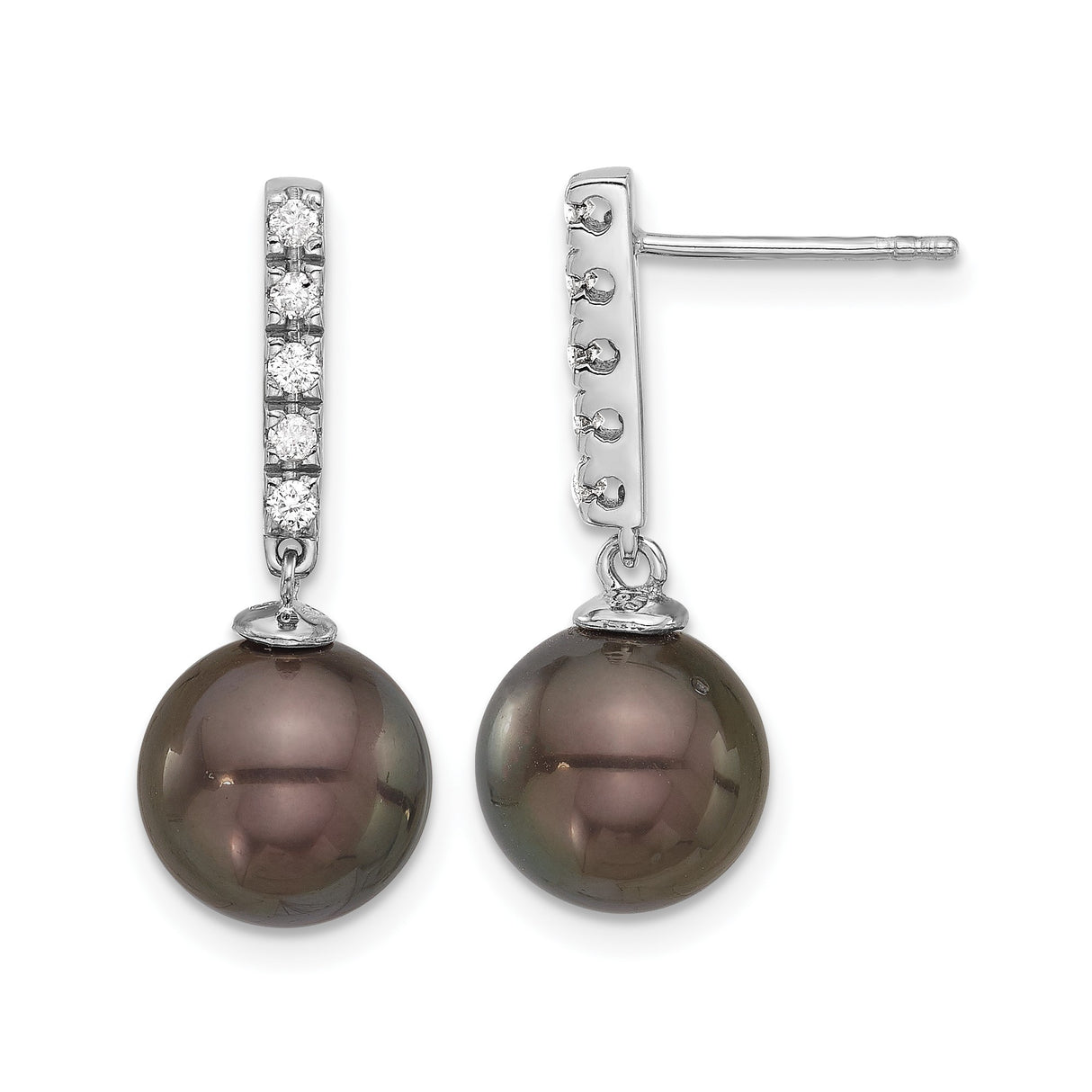 14k White Gold Dangle Earrings with Black Pearls and Diamonds, Elegant Drop Style for Women