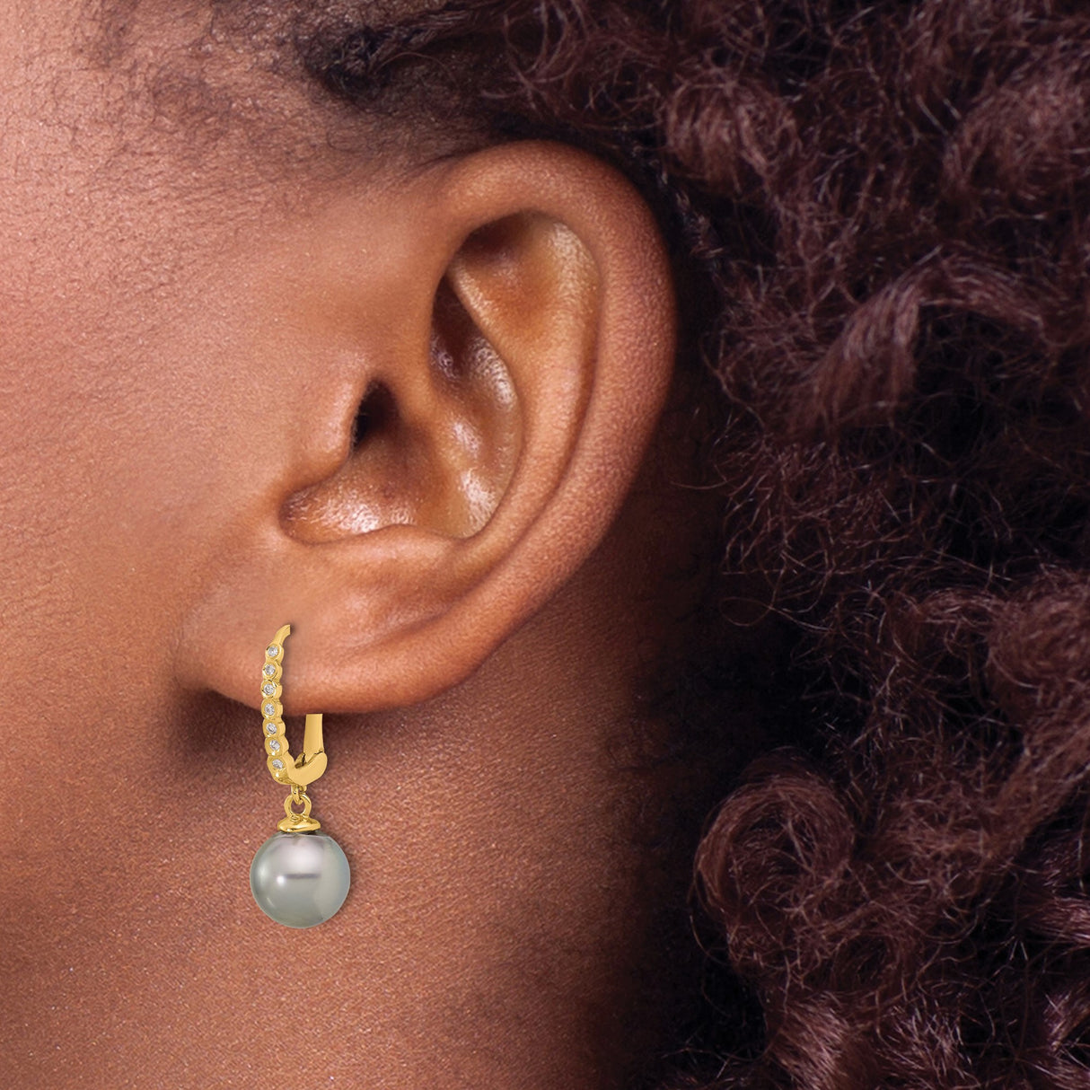 14k Yellow Gold Drop Earrings with Black Tahitian Pearls and Diamond Accents