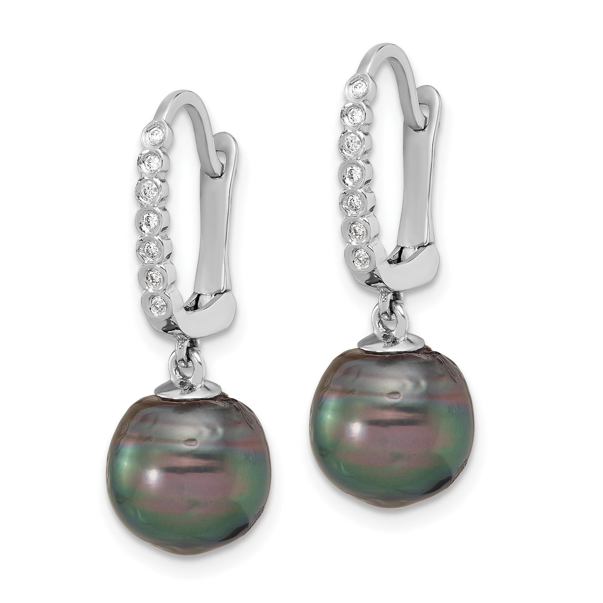 14k White Gold Dangle Earrings with Dark Tahitian Pearls and Bezel Set Diamonds