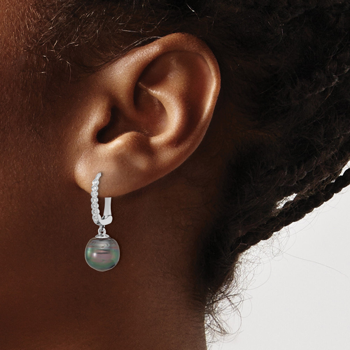 14k White Gold Dangle Earrings with Dark Tahitian Pearls and Bezel Set Diamonds