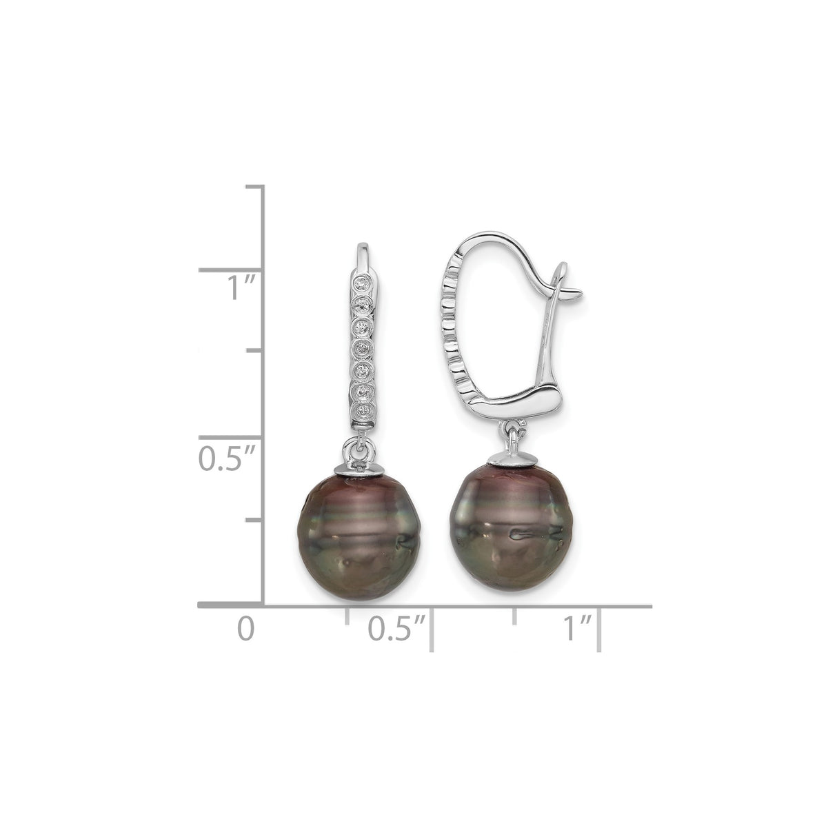 14k White Gold Dangle Earrings with Dark Tahitian Pearls and Bezel Set Diamonds
