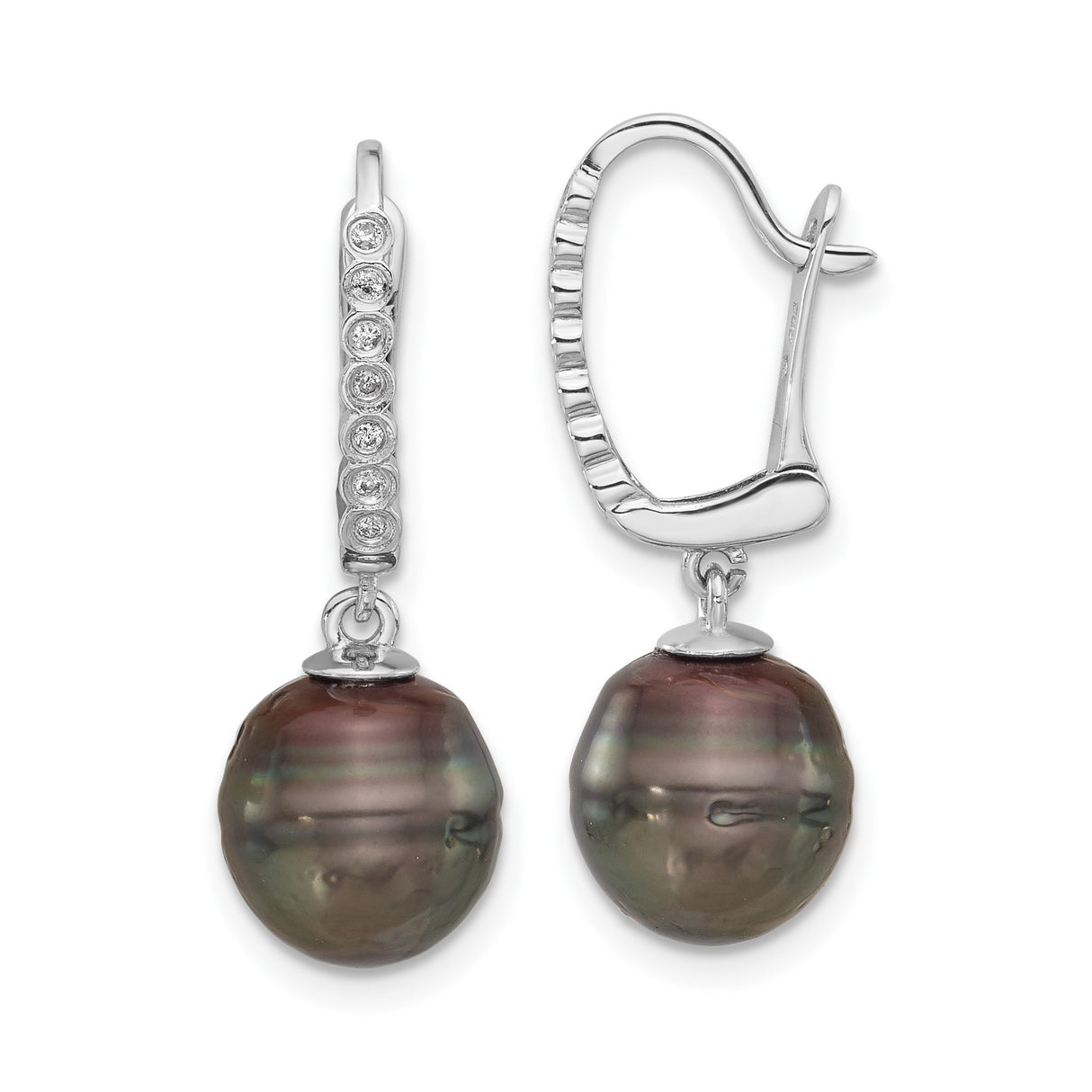14k White Gold Dangle Earrings with Dark Tahitian Pearls and Bezel Set Diamonds