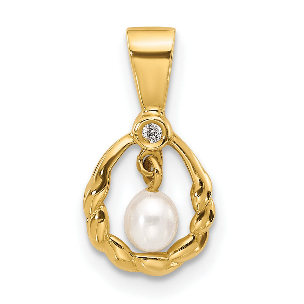 14k Yellow Gold Pendant with White Pearl Drop and Diamond Accent, Twisted Loop Design