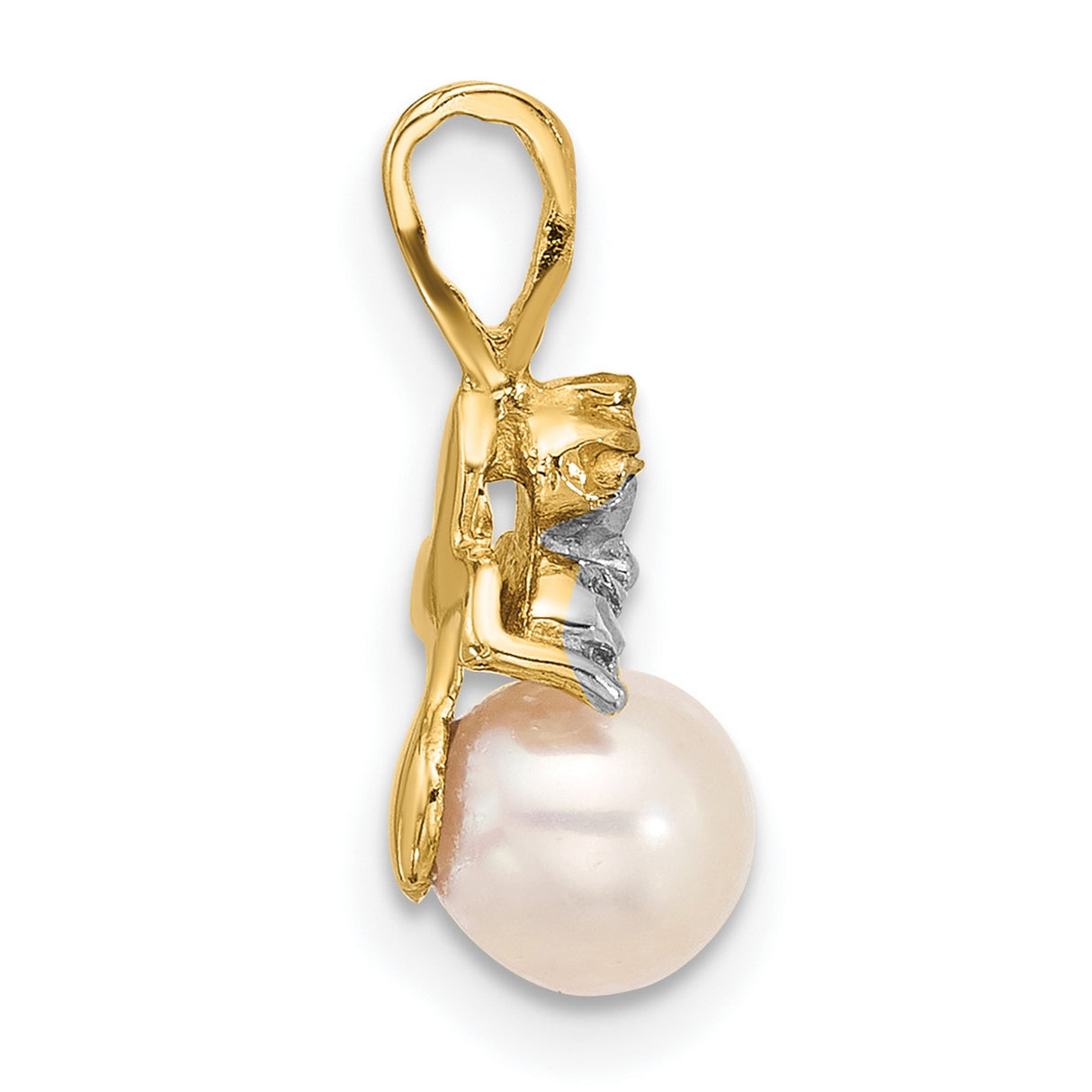 14k Yellow Gold Pendant with White Cultured Pearl and Diamond Accents, Floral Design