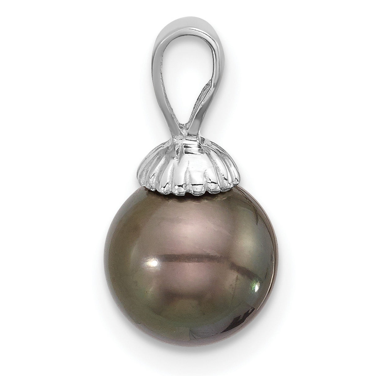 14k White Gold Pendant with Black Pearl, Fluted Cap Design, Tahitian Style