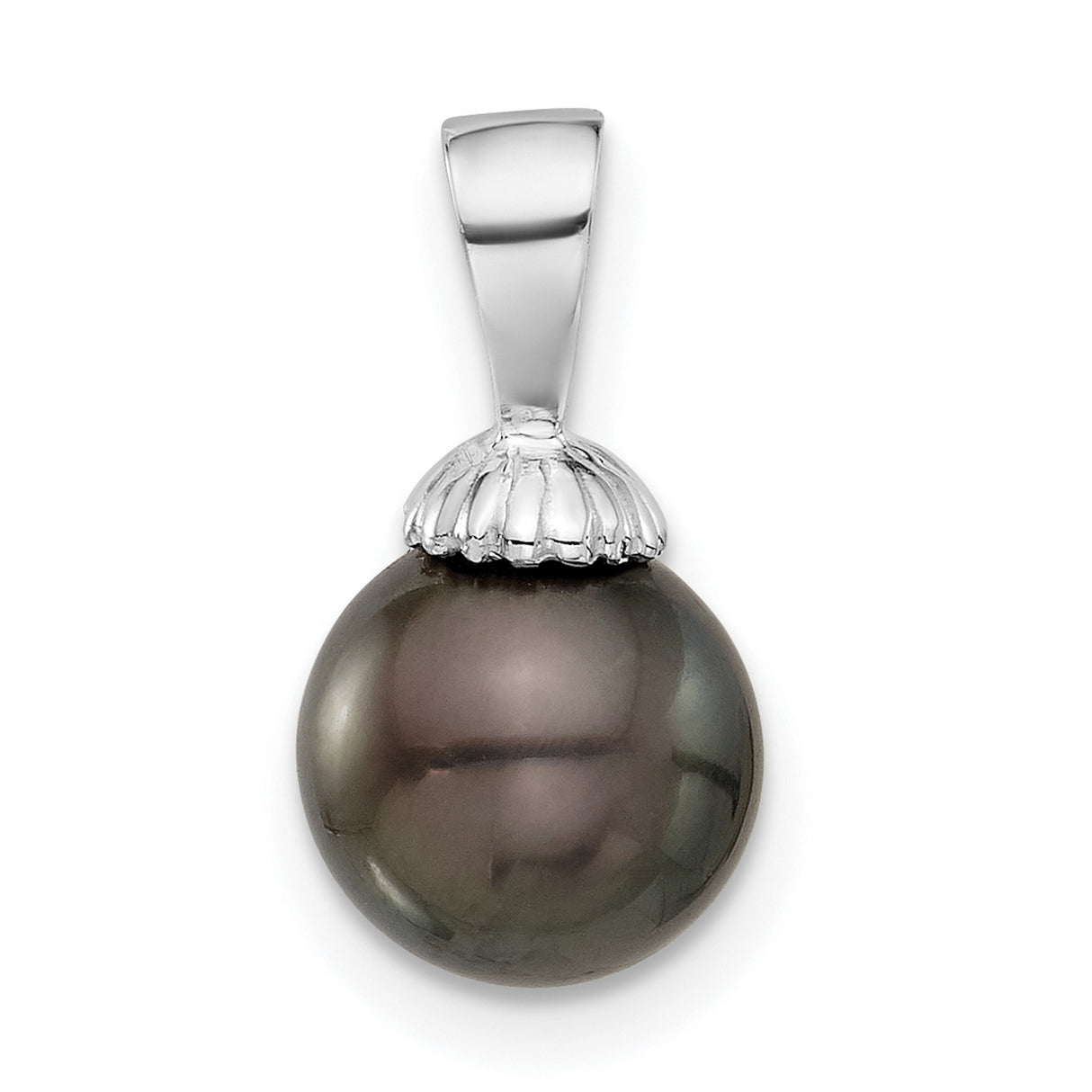 14k White Gold Pendant with Black Pearl, Fluted Cap Design, Tahitian Style