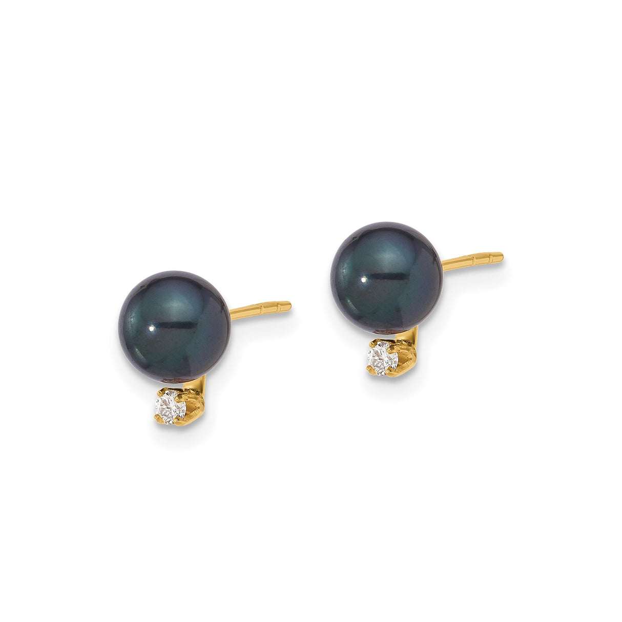 14k Yellow Gold Stud Earrings with Black Akoya Pearls and Diamond Accents, Minimalist Design