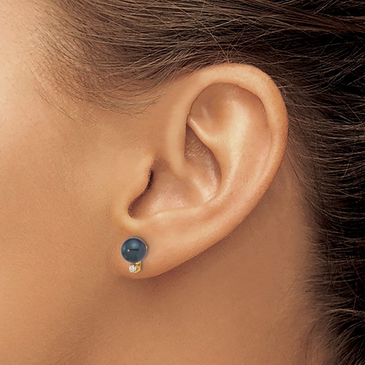 14k Yellow Gold Stud Earrings with Black Akoya Pearls and Diamond Accents, Minimalist Design