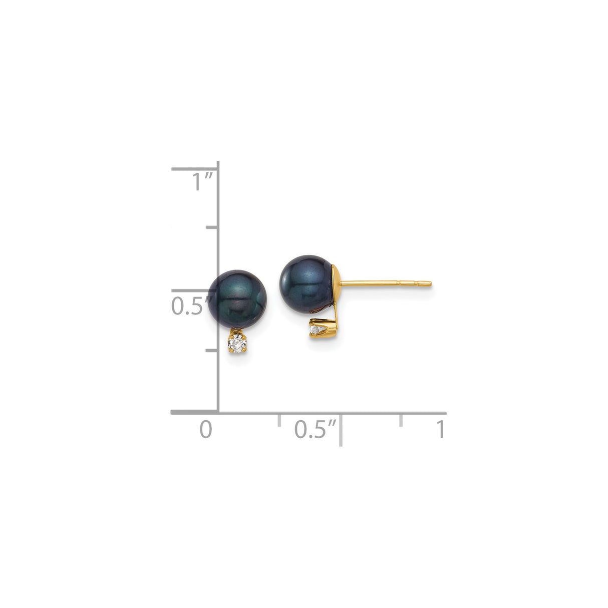 14k Yellow Gold Stud Earrings with Black Akoya Pearls and Diamond Accents, Minimalist Design