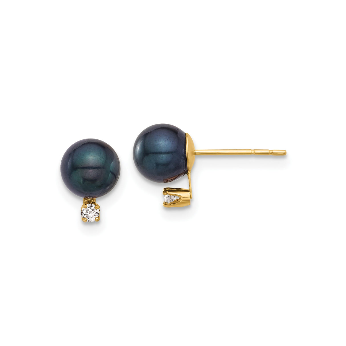 14k Yellow Gold Stud Earrings with Black Akoya Pearls and Diamond Accents, Minimalist Design
