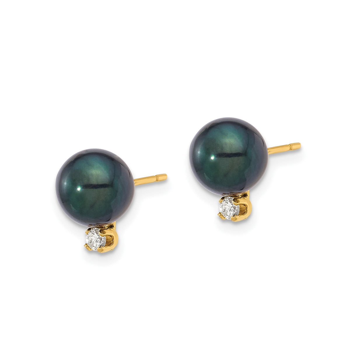 14k Yellow Gold Stud Earrings with Black Akoya Pearls and Diamond Accents