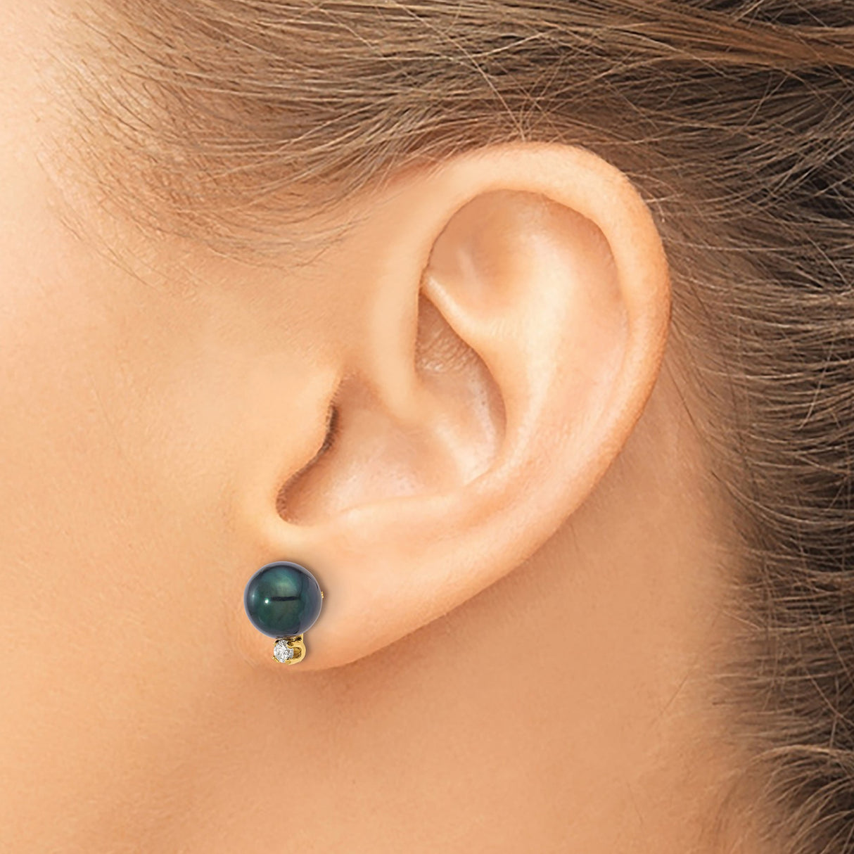 14k Yellow Gold Stud Earrings with Black Akoya Pearls and Diamond Accents