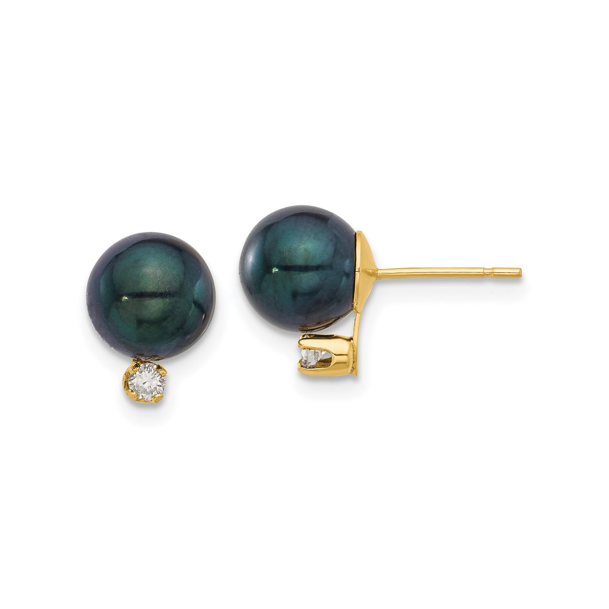 14k Yellow Gold Stud Earrings with Black Akoya Pearls and Diamond Accents