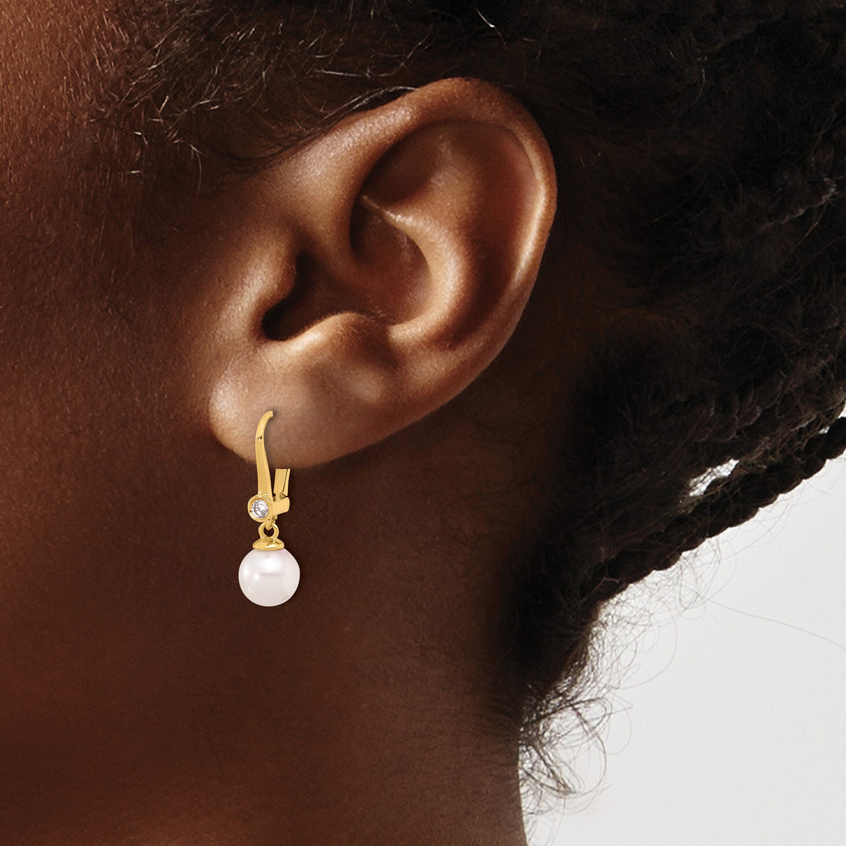 14k Yellow Gold Drop Earrings with White Akoya Pearls and Diamond Accents