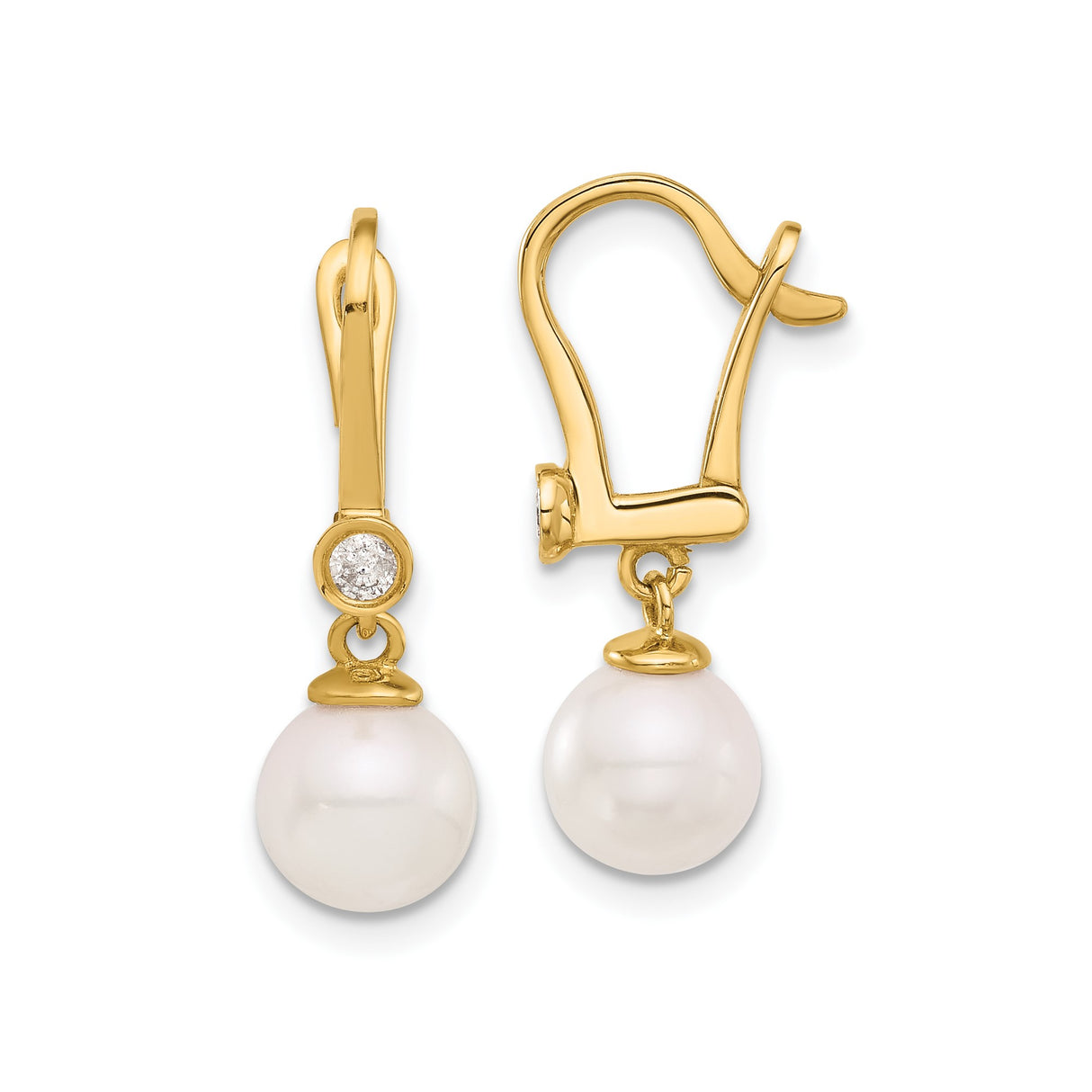 14k Yellow Gold Drop Earrings with White Akoya Pearls and Diamond Accents