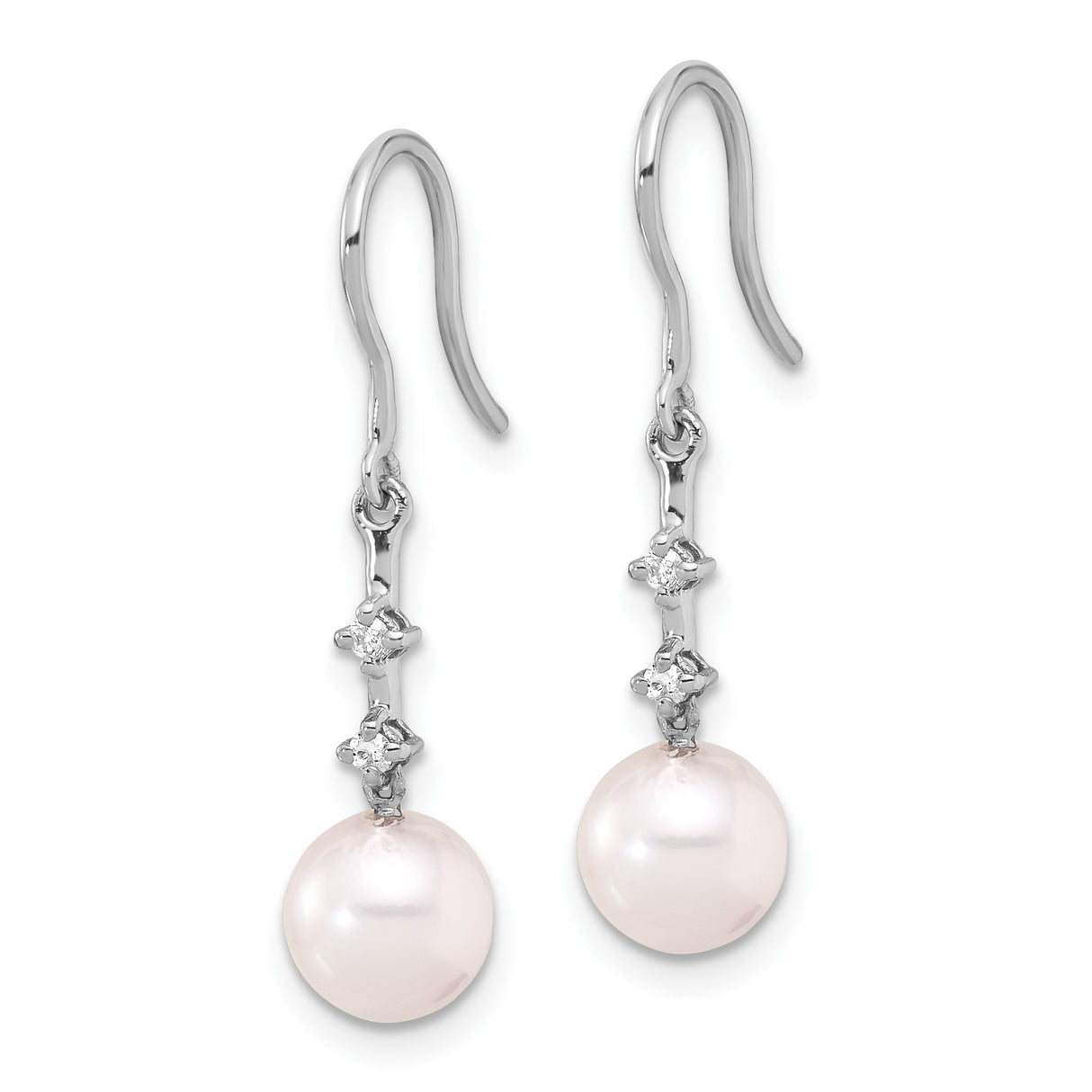 14k White Gold Dangle Earrings with Cultured Pearls and Diamond Accents, Drop Design for Women