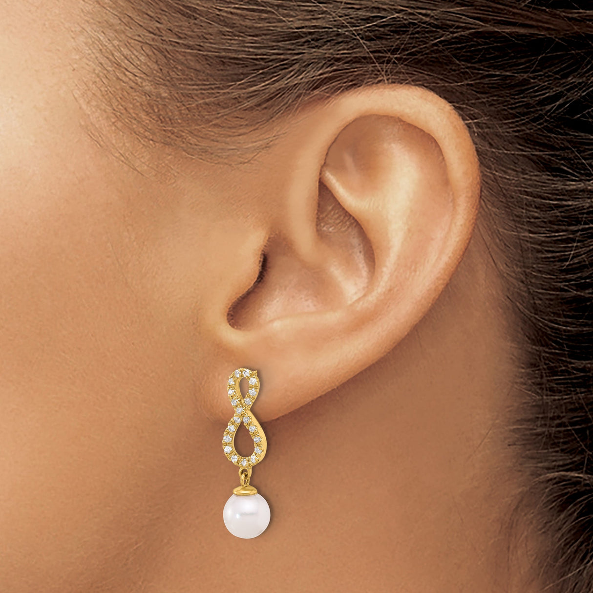 14k Yellow Gold Dangle Earrings with White Pearl Drop and Diamond Accent Infinity Design