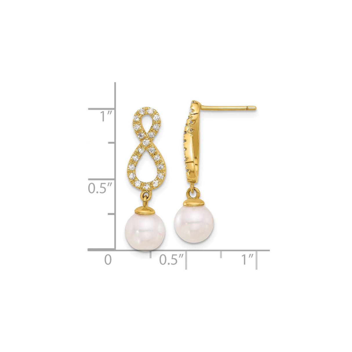 14k Yellow Gold Dangle Earrings with White Pearl Drop and Diamond Accent Infinity Design