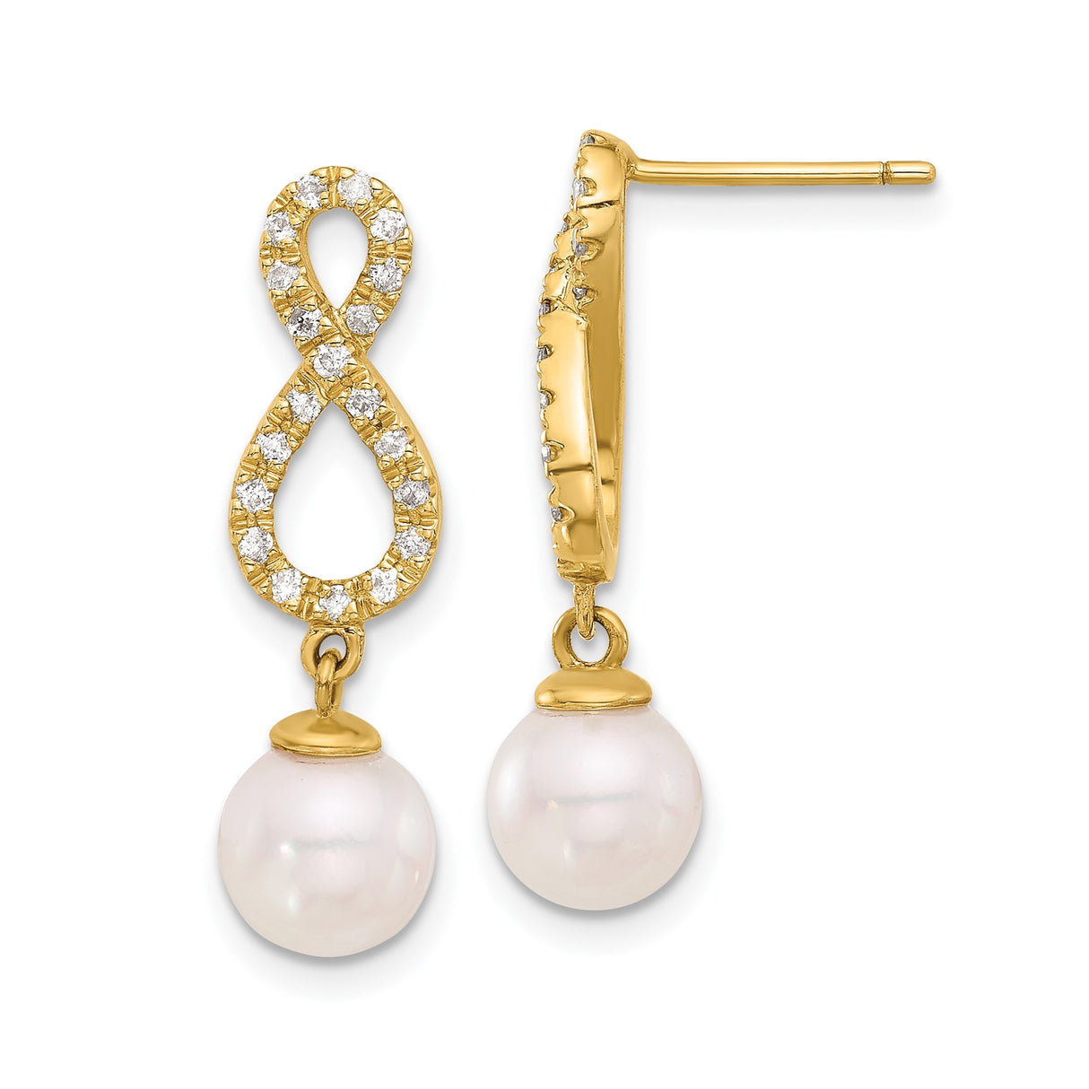 14k Yellow Gold Dangle Earrings with White Pearl Drop and Diamond Accent Infinity Design
