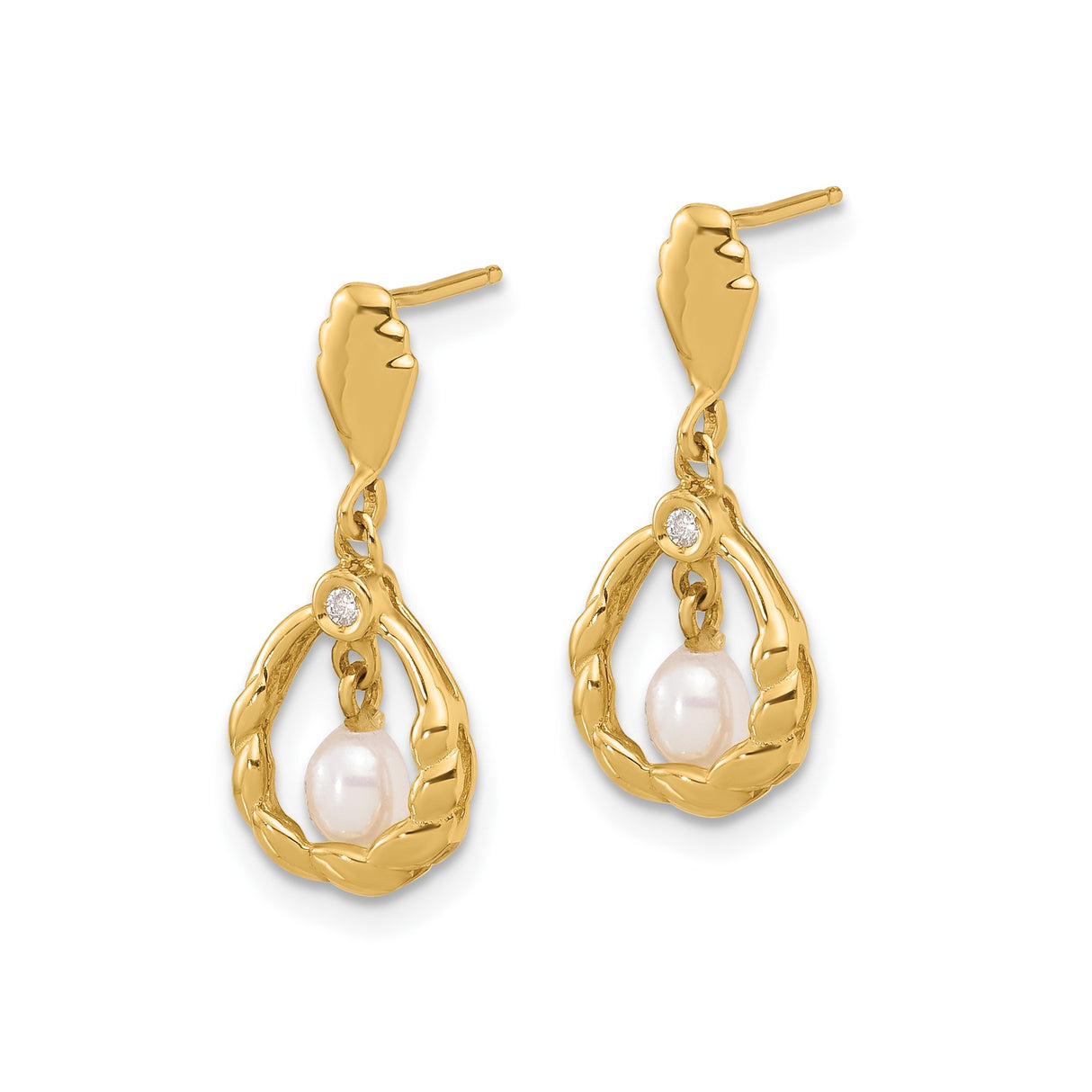 14k Yellow Gold Dangle Earrings with White Pearl Drop, Diamond Accent, Twisted Teardrop Design