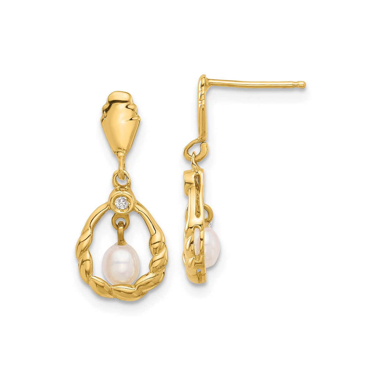14k Yellow Gold Dangle Earrings with White Pearl Drop, Diamond Accent, Twisted Teardrop Design