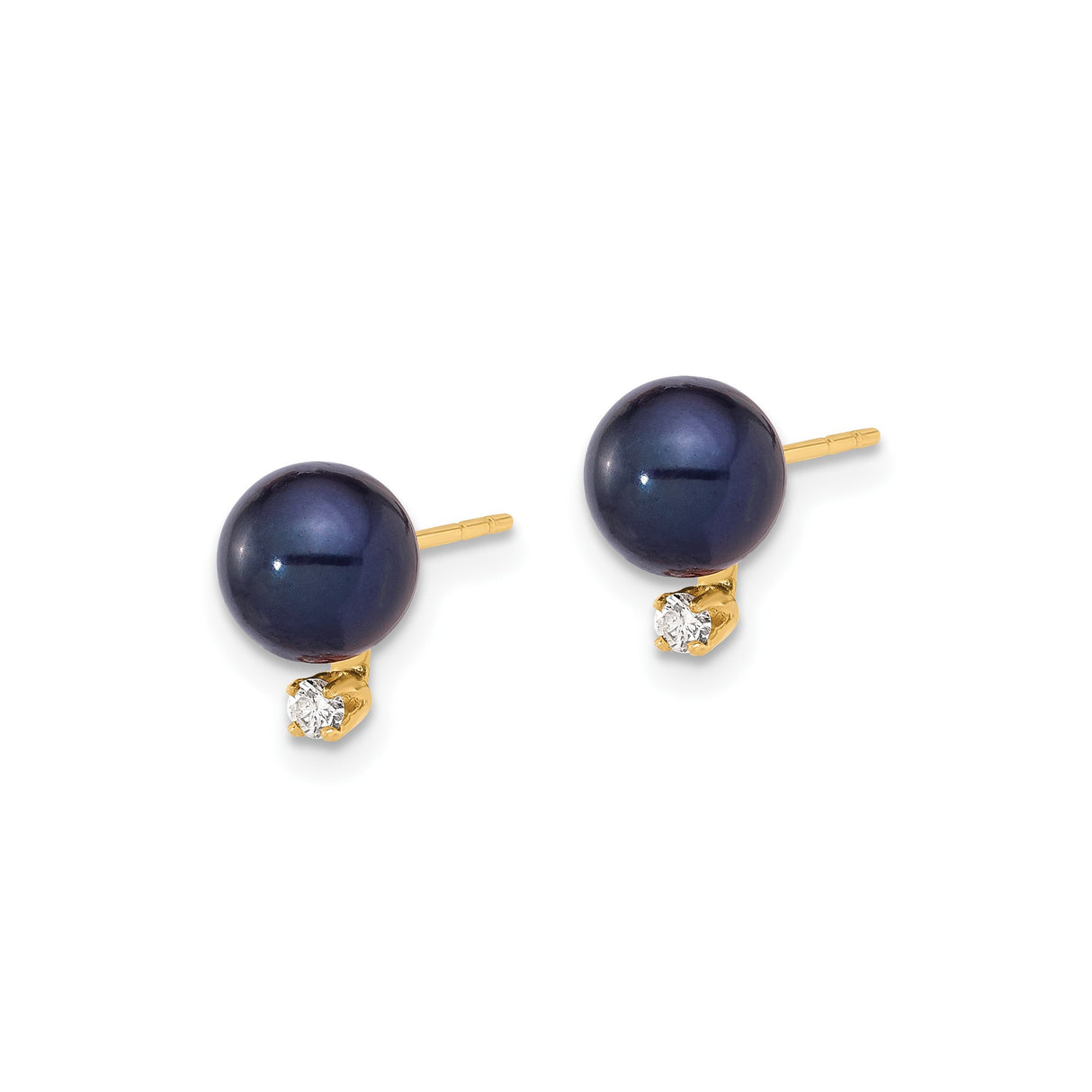 14k Yellow Gold Stud Earrings with Black Pearls and Diamond Accents, Classic Formal Jewelry