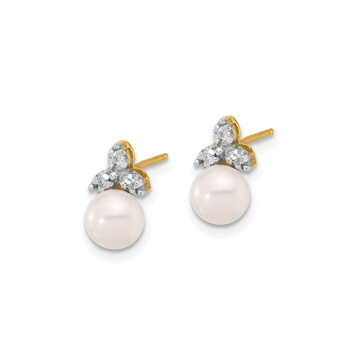 14k Yellow Gold Pearl and Diamond Stud Earrings with Trio Leaf Design