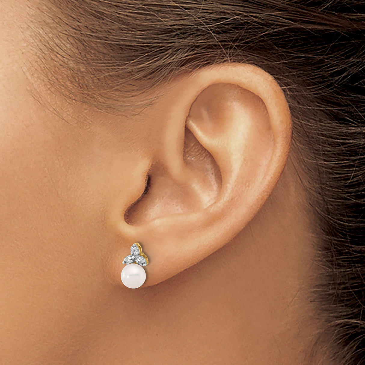 14k Yellow Gold Pearl and Diamond Stud Earrings with Trio Leaf Design