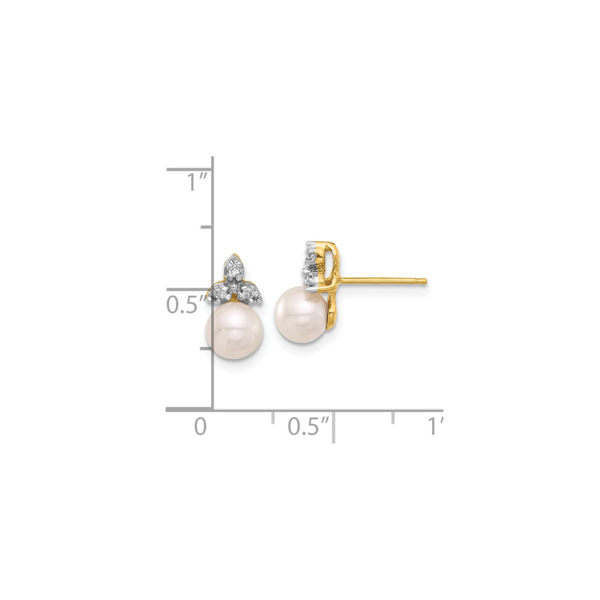 14k Yellow Gold Pearl and Diamond Stud Earrings with Trio Leaf Design