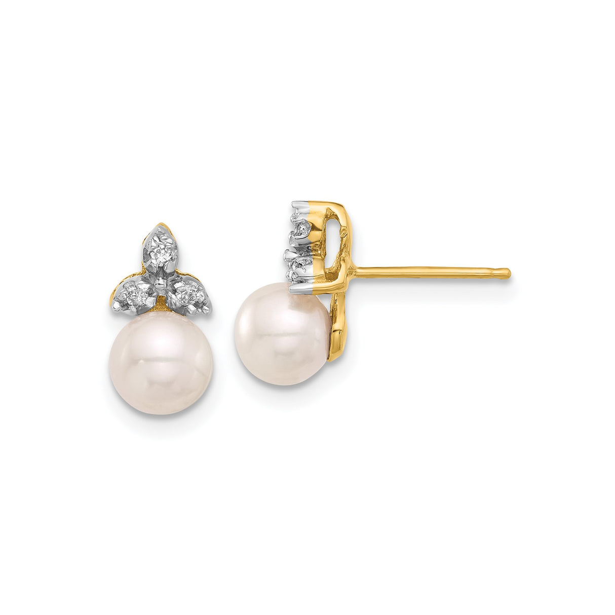 14k Yellow Gold Pearl and Diamond Stud Earrings with Trio Leaf Design