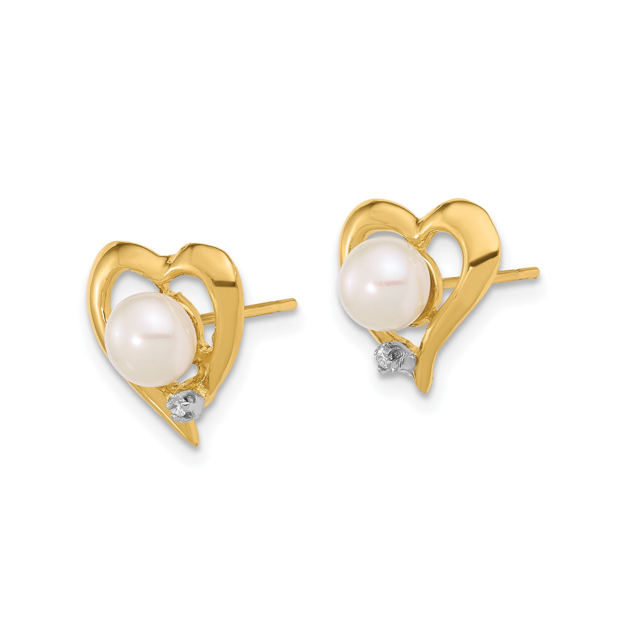 14k Yellow Gold Heart Stud Earrings with White Cultured Pearl and Diamond Accent