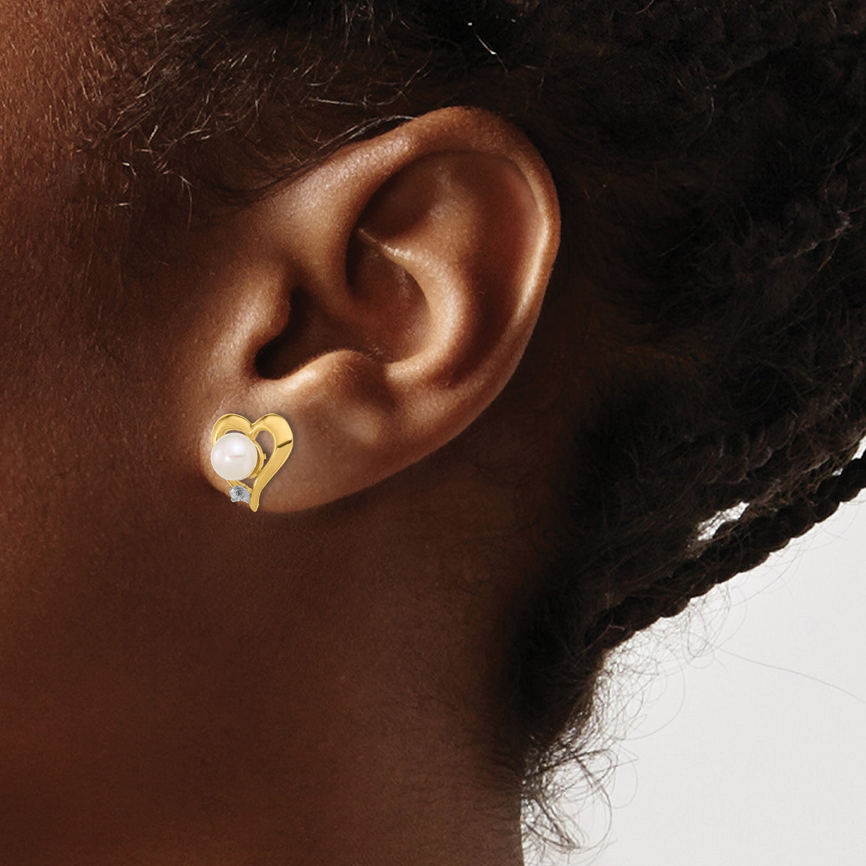 14k Yellow Gold Heart Stud Earrings with White Cultured Pearl and Diamond Accent