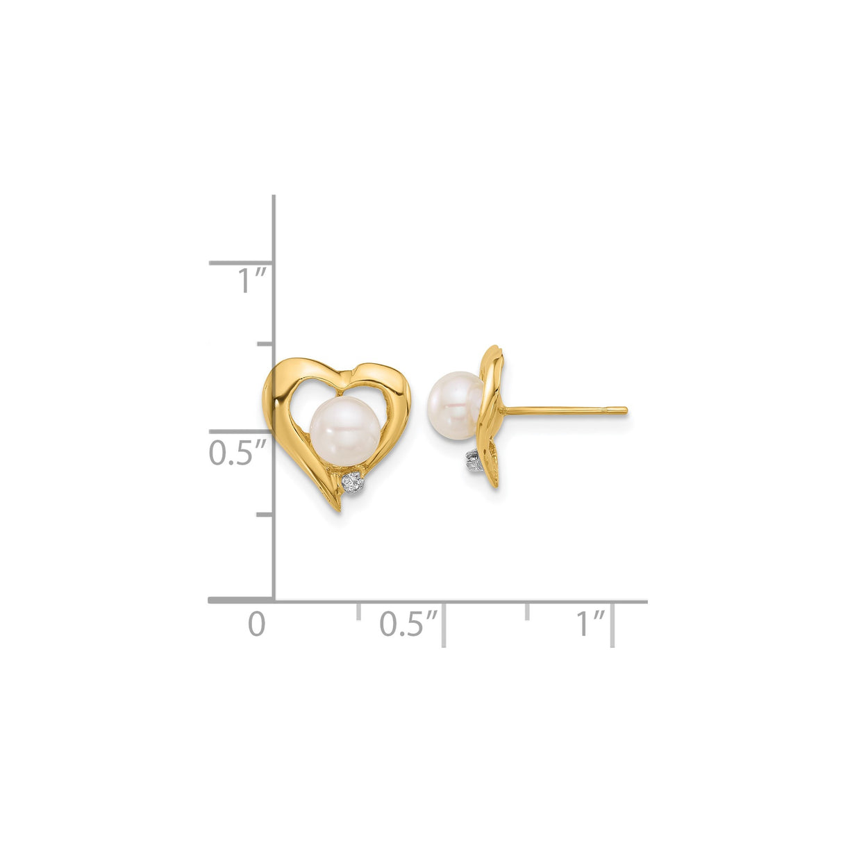 14k Yellow Gold Heart Stud Earrings with White Cultured Pearl and Diamond Accent