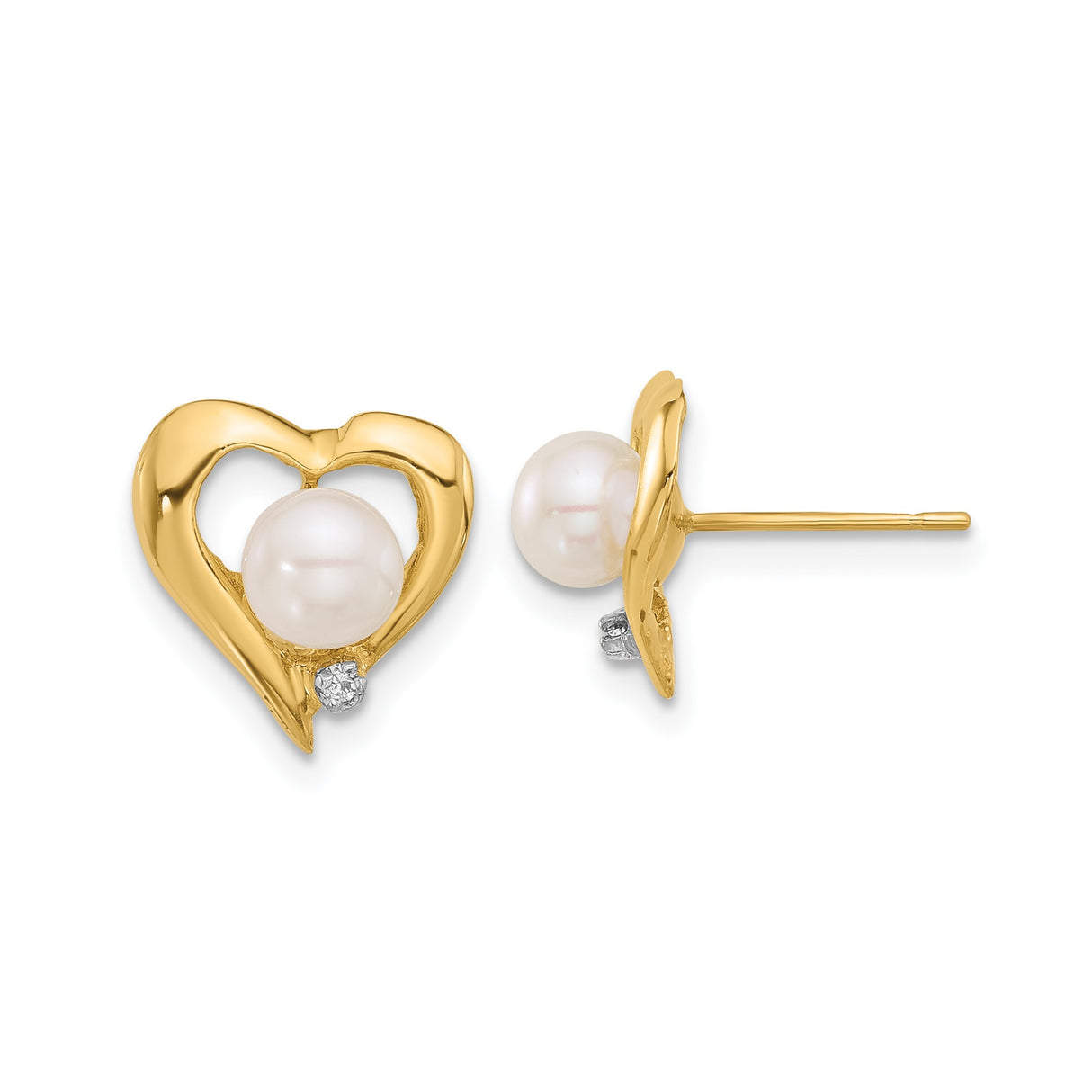 14k Yellow Gold Heart Stud Earrings with White Cultured Pearl and Diamond Accent