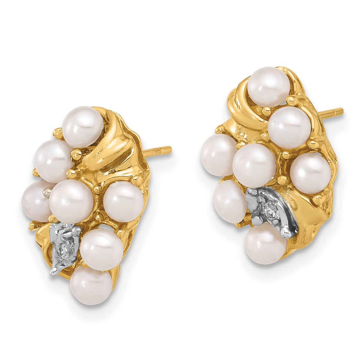 14k Yellow Gold Pearl Cluster Earrings with Diamond Accent, Floral Studs for Women