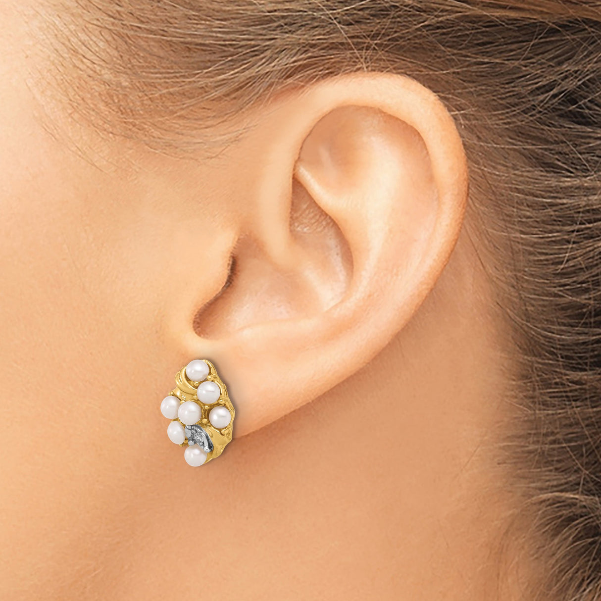 14k Yellow Gold Pearl Cluster Earrings with Diamond Accent, Floral Studs for Women