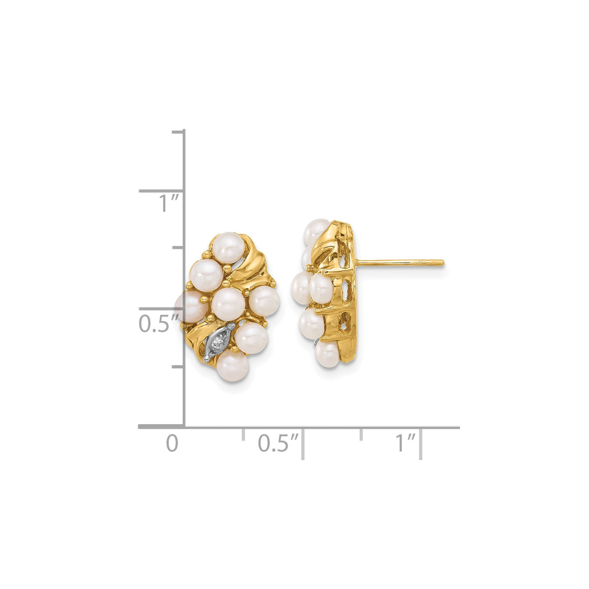 14k Yellow Gold Pearl Cluster Earrings with Diamond Accent, Floral Studs for Women