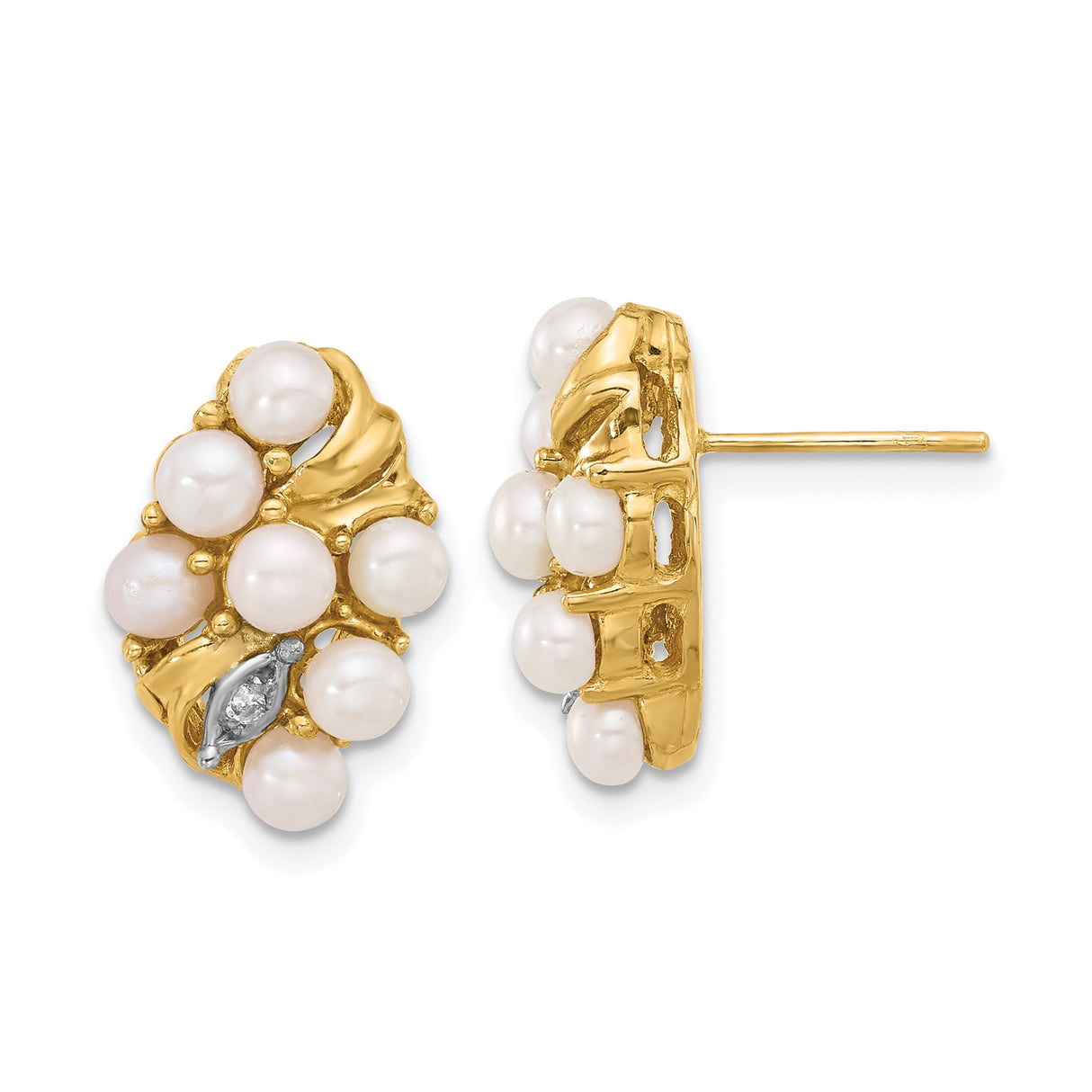 14k Yellow Gold Pearl Cluster Earrings with Diamond Accent, Floral Studs for Women