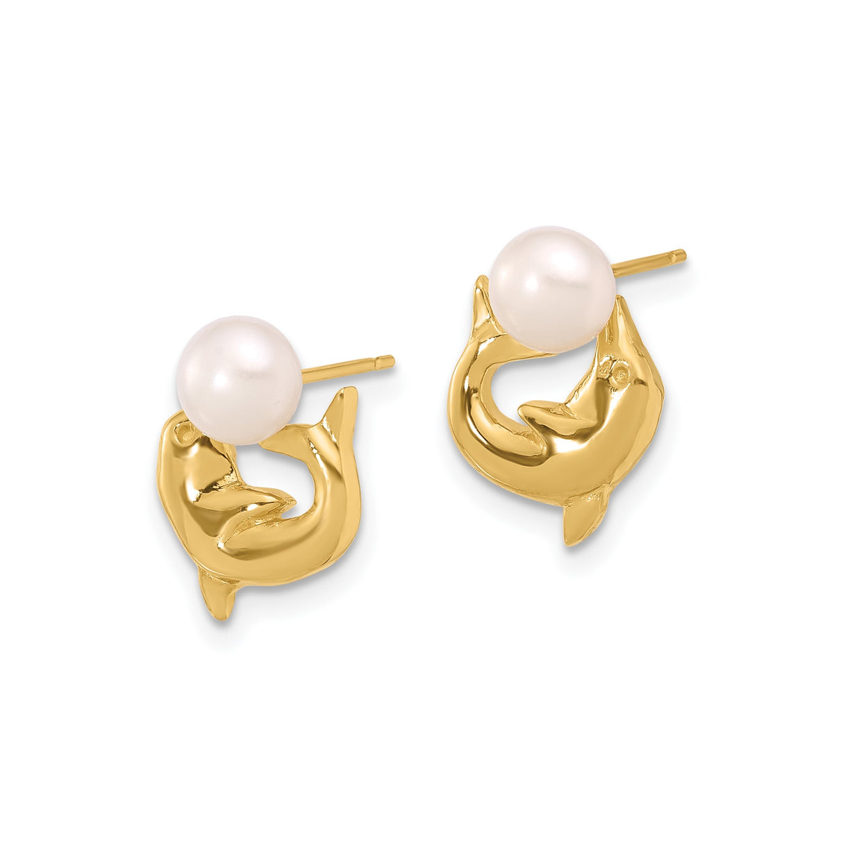 14k Yellow Gold Dolphin Stud Earrings with White Pearl, Nautical Ocean Theme for Women