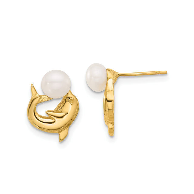 14k Yellow Gold Dolphin Stud Earrings with White Pearl, Nautical Ocean Theme for Women