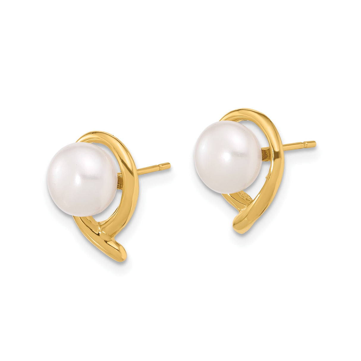 14k Yellow Gold Swirl Stud Earrings with White Cultured Pearl, Minimalist Style